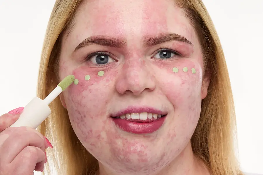 Amba applique un correcteur de couleur vert sous les yeux